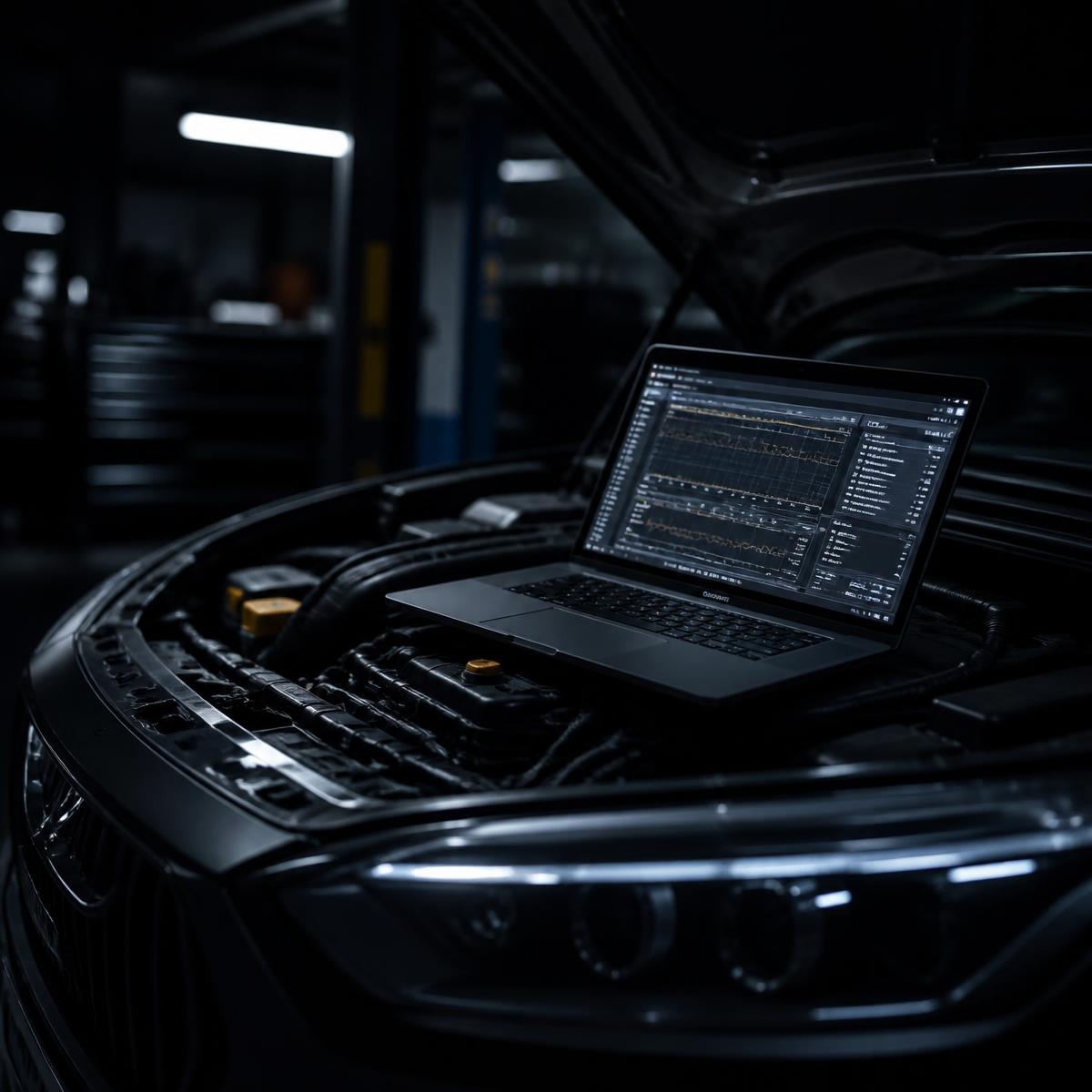 Modern car engine diagnostic setup with glowing computer screen in a professional workshop